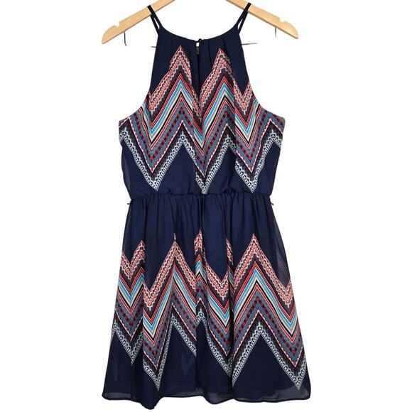 by & by Chevron Print Boho Western High Neck Mini Dress‎ Navy Blue L - Picture 2 of 12